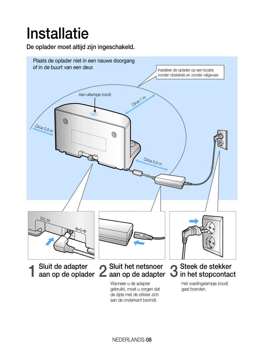 Samsung VR20J9259UC/EG manual Installatie, De oplader moet altijd zijn ingeschakeld, Sluit het netsnoer aan op de adapter 