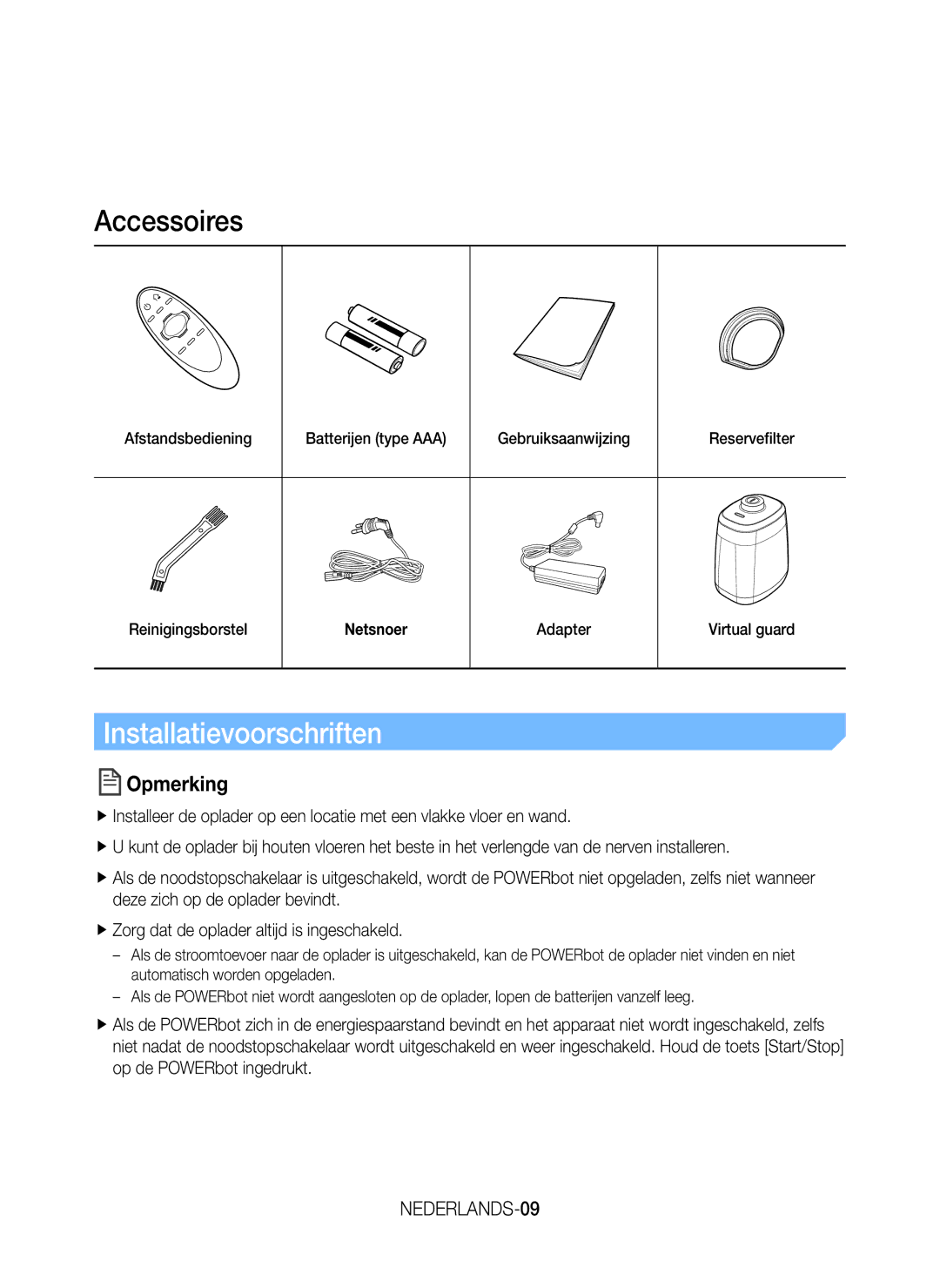 Samsung VR20J9259UC/EG manual Accessoires, Installatievoorschriften, Opmerking, NEDERLANDS-09, Adapter Virtual guard 