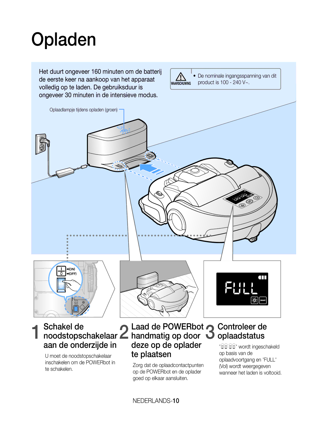 Samsung VR20J9259UC/EG manual Opladen, Controleer de oplaadstatus, NEDERLANDS-10 