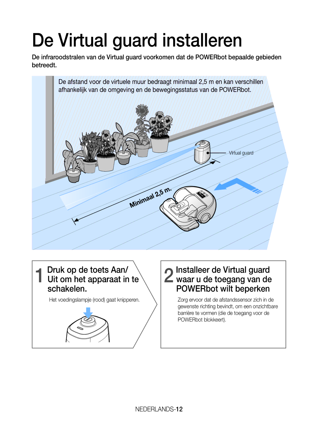 Samsung VR20J9259UC/EG manual De Virtual guard installeren, NEDERLANDS-12, Het voedingslampje rood gaat knipperen 