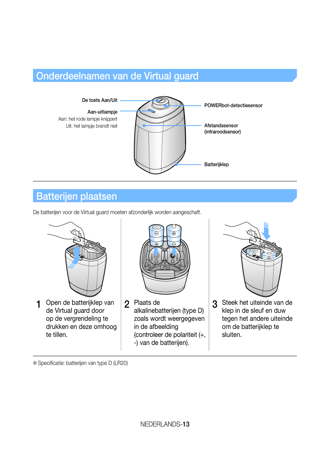 Samsung VR20J9259UC/EG manual Onderdeelnamen van de Virtual guard, Batterijen plaatsen, NEDERLANDS-13 