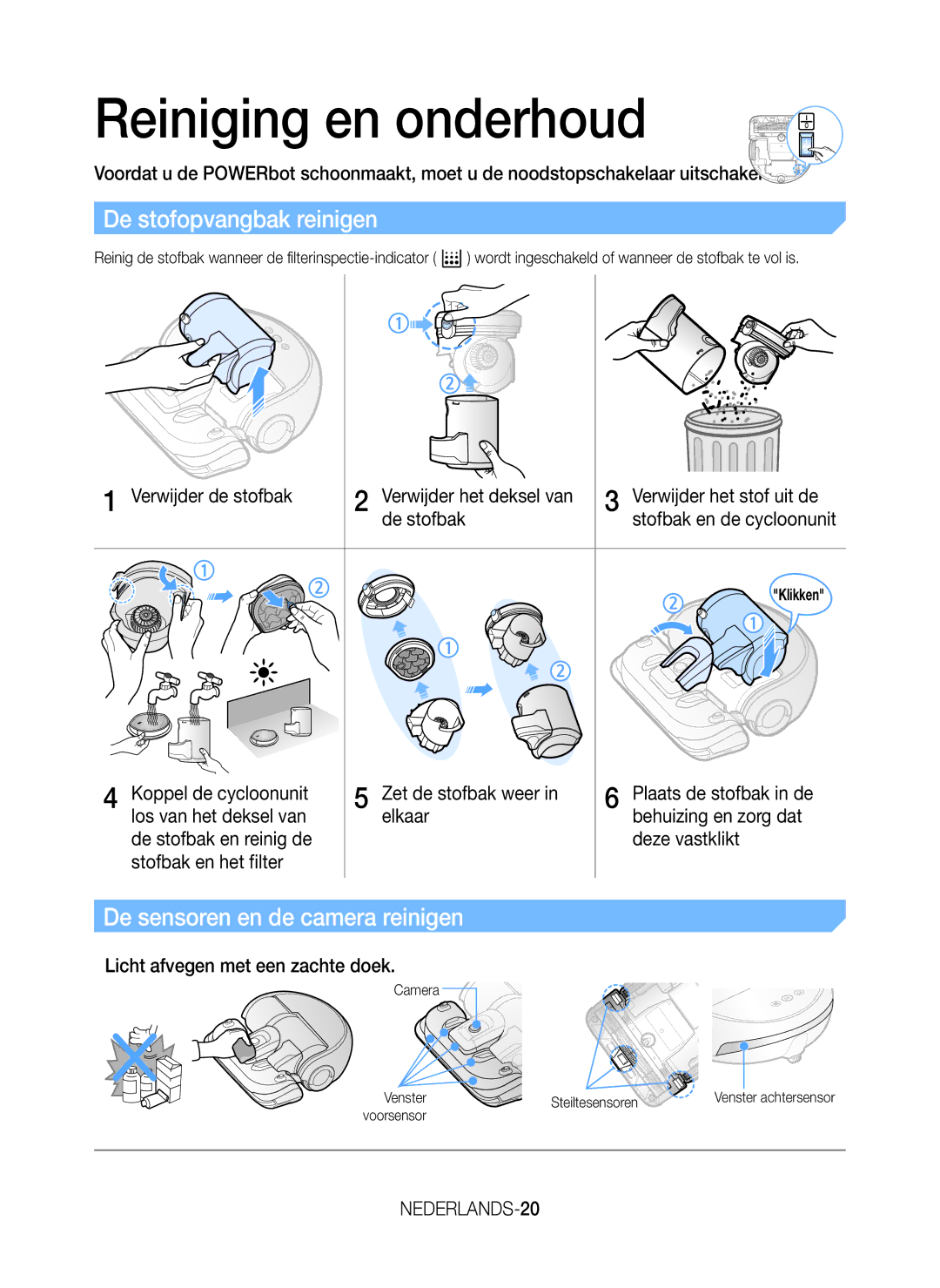 Samsung VR20J9259UC/EG Reiniging en onderhoud, De stofopvangbak reinigen, De sensoren en de camera reinigen, NEDERLANDS-20 