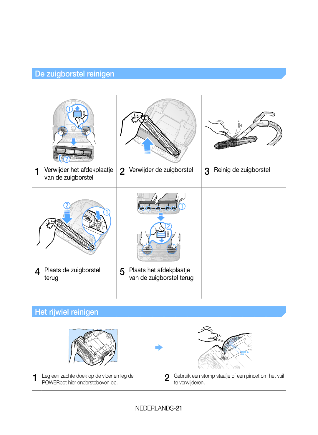 Samsung VR20J9259UC/EG manual De zuigborstel reinigen, Het rijwiel reinigen, Verwijder de zuigborstel, Van de zuigborstel 