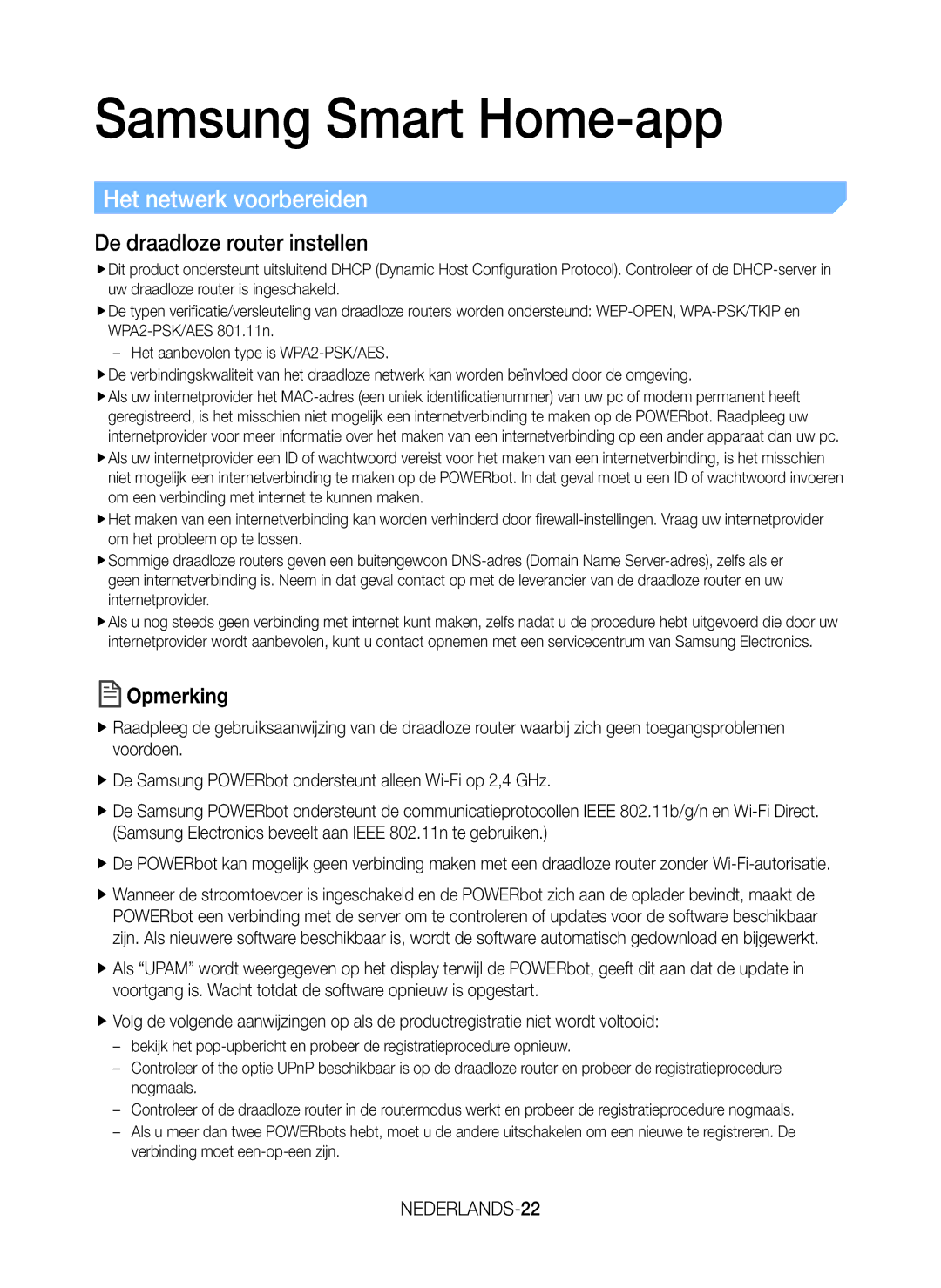 Samsung VR20J9259UC/EG manual Het netwerk voorbereiden, De draadloze router instellen, NEDERLANDS-22 