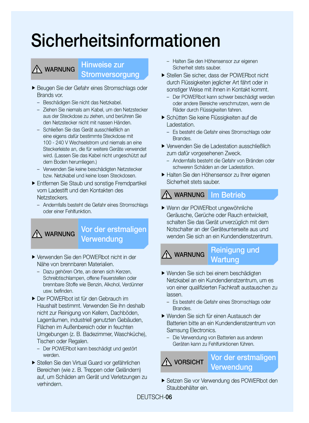 Samsung VR20J9259UC/EG manual Warnung Im Betrieb, Warnung ReinigungWartung und, Verwendung, Vorsicht, DEUTSCH-06 