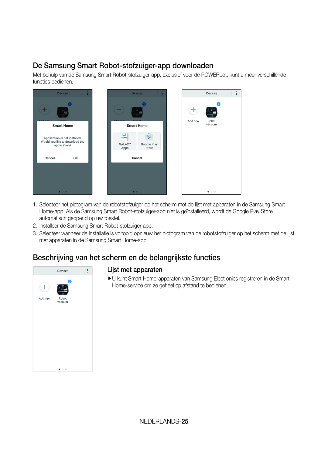 Samsung VR20J9259UC/EG manual De Samsung Smart Robot-stofzuiger-app downloaden, Lijst met apparaten, NEDERLANDS-25 