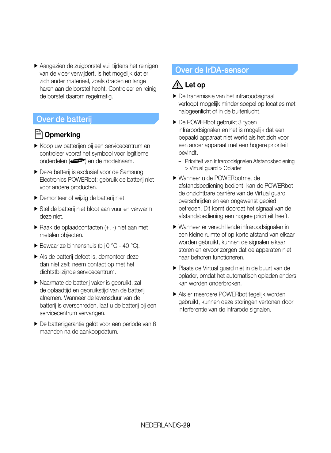 Samsung VR20J9259UC/EG manual Over de batterij, Over de IrDA-sensor, NEDERLANDS-29 