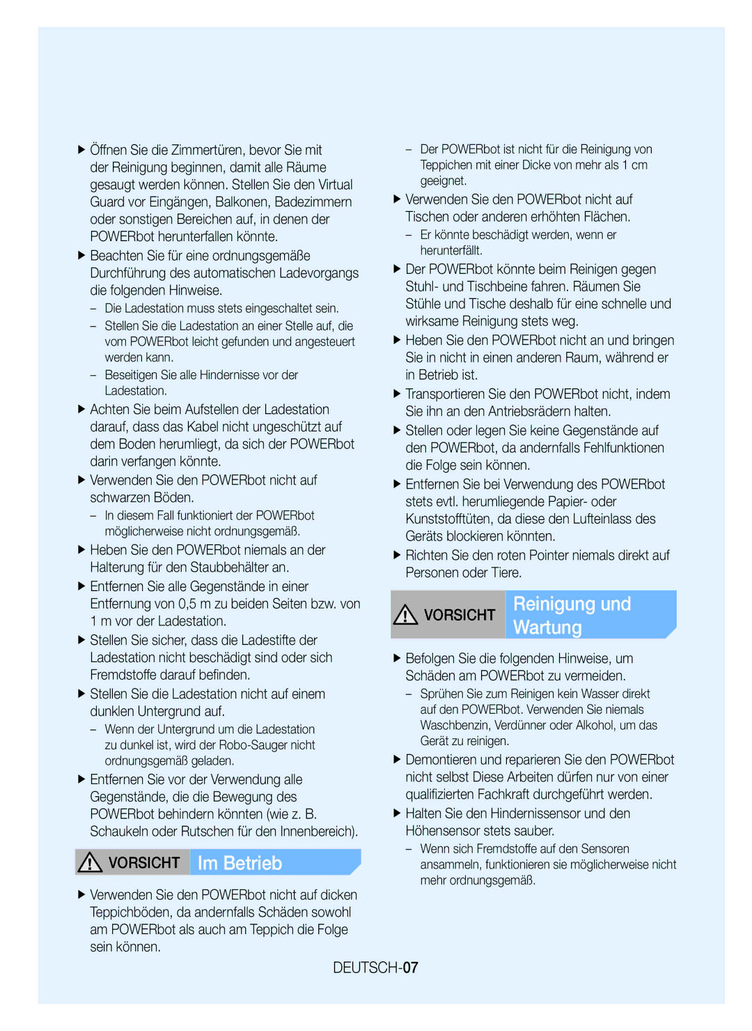 Samsung VR20J9259UC/EG manual Vorsicht ReinigungWartung und, Vorsicht Im Betrieb, DEUTSCH-07 