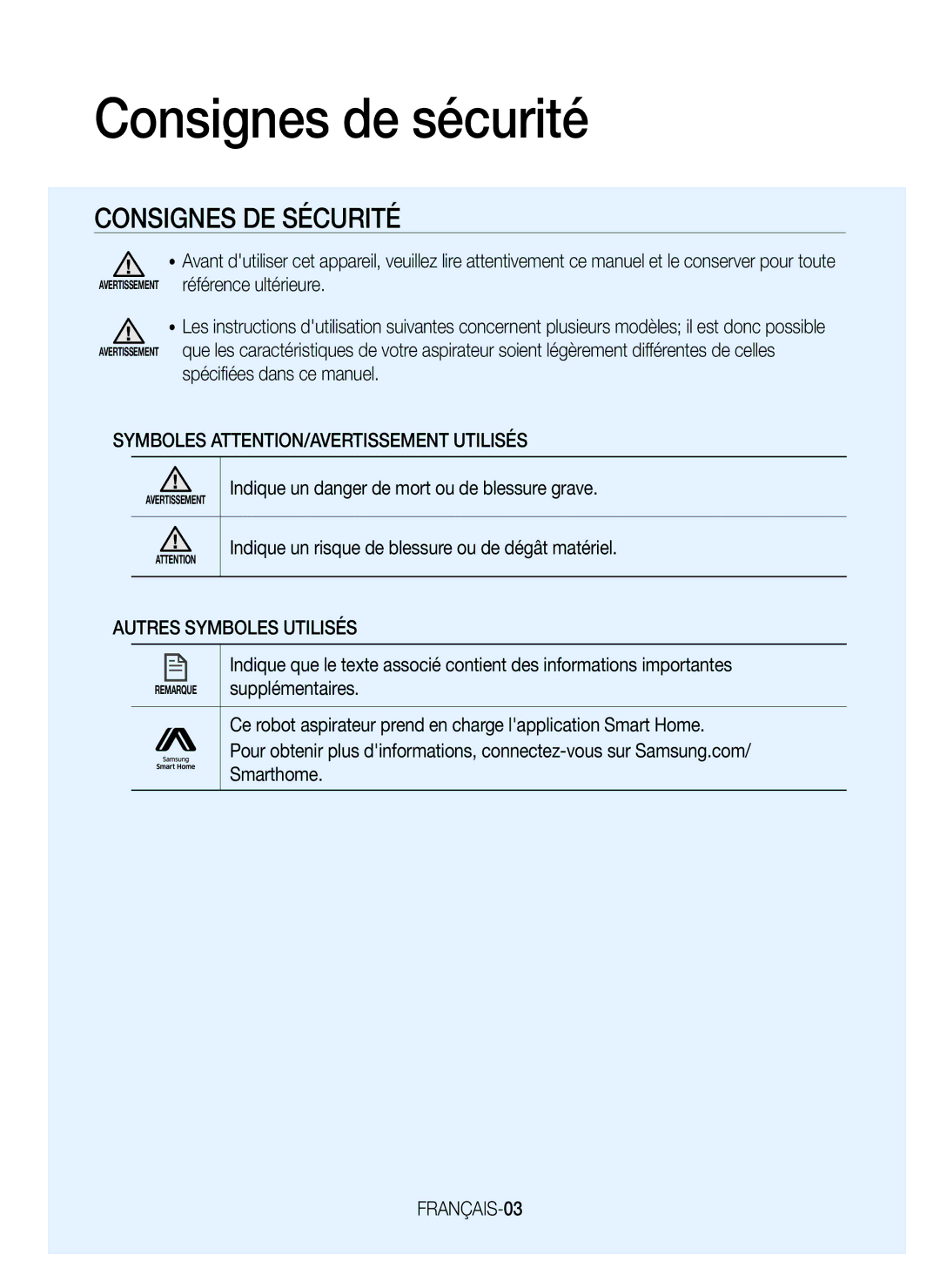 Samsung VR20J9259UC/EG manual Consignes de sécurité, Symboles ATTENTION/AVERTISSEMENT Utilisés, FRANÇAIS-03 