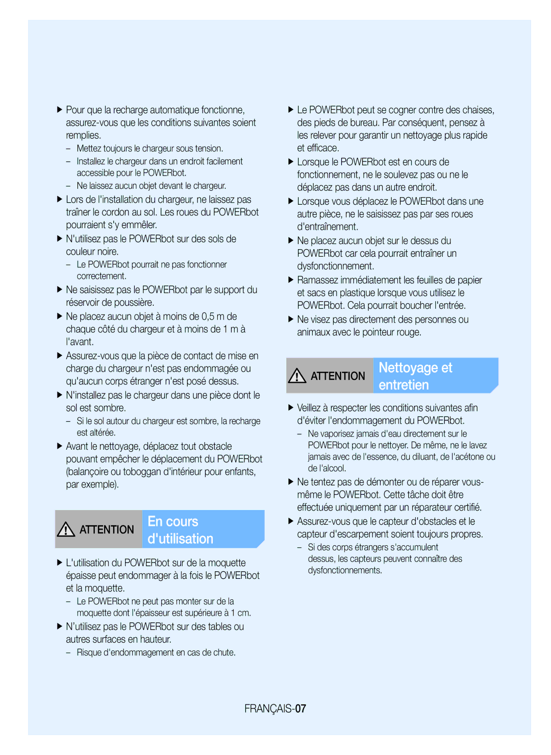 Samsung VR20J9259UC/EG manual FRANÇAIS-07, Mettez toujours le chargeur sous tension 