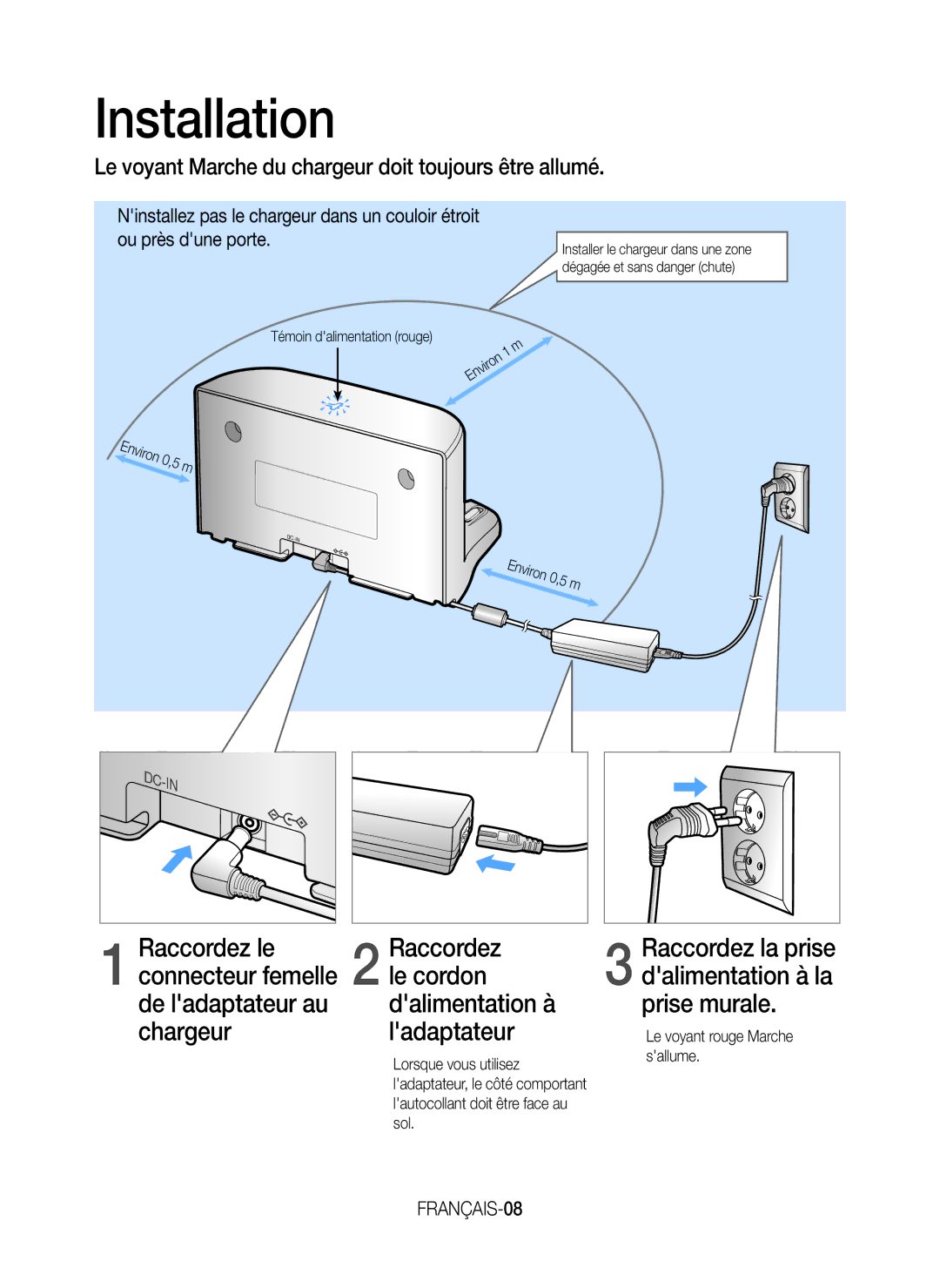 Samsung VR20J9259UC/EG manual Installation, Le voyant Marche du chargeur doit toujours être allumé, Connecteur femelle 