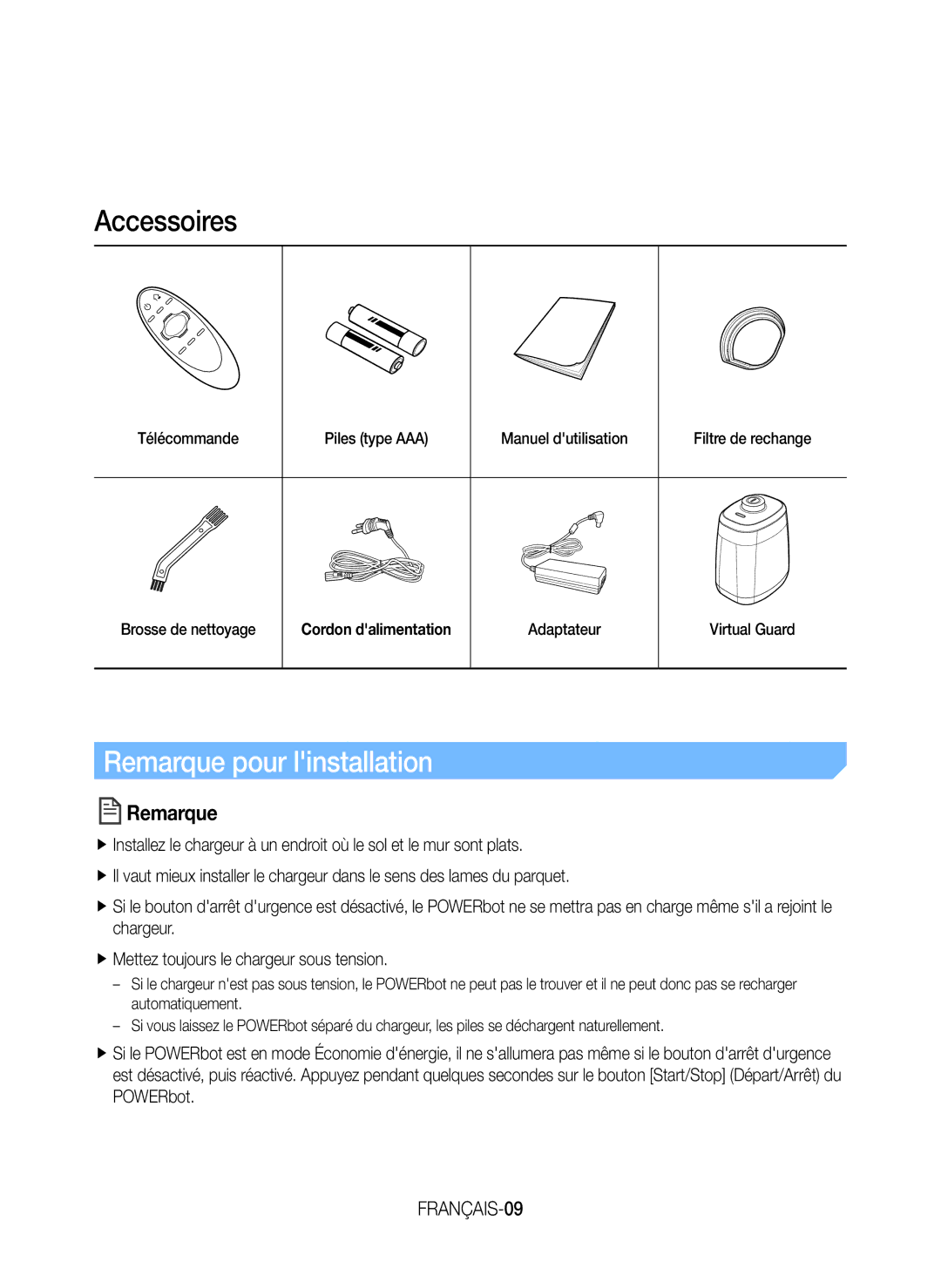 Samsung VR20J9259UC/EG manual Remarque pour linstallation, FRANÇAIS-09, Adaptateur Virtual Guard 