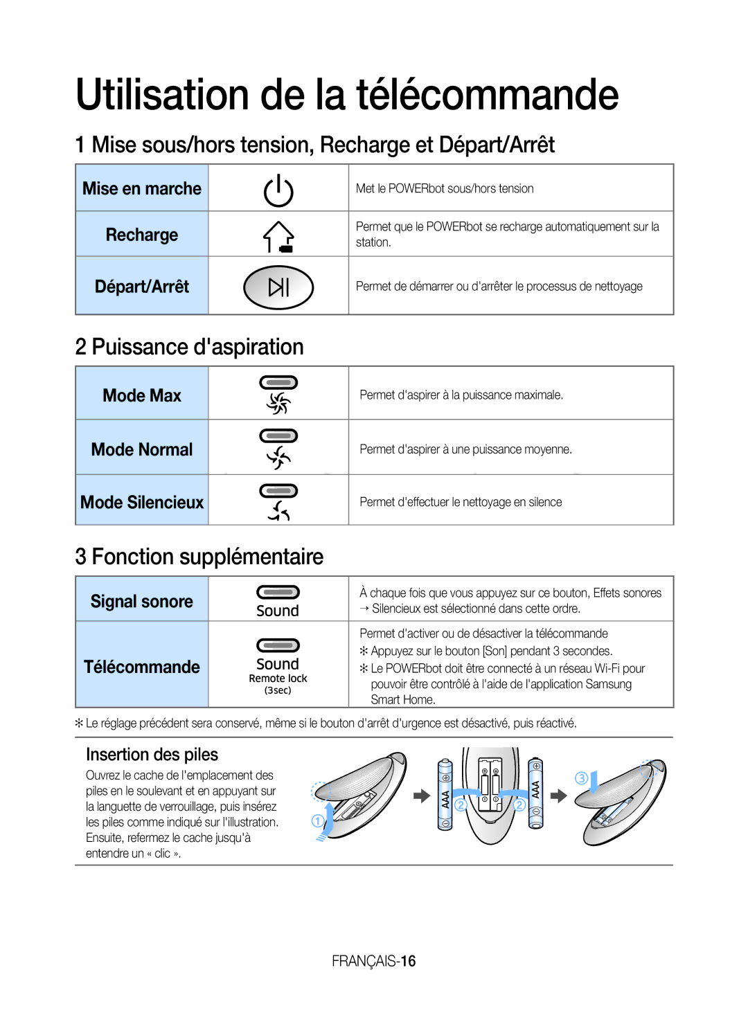 Samsung VR20J9259UC/EG manual Utilisation de la télécommande, Mise sous/hors tension, Recharge et Départ/Arrêt 