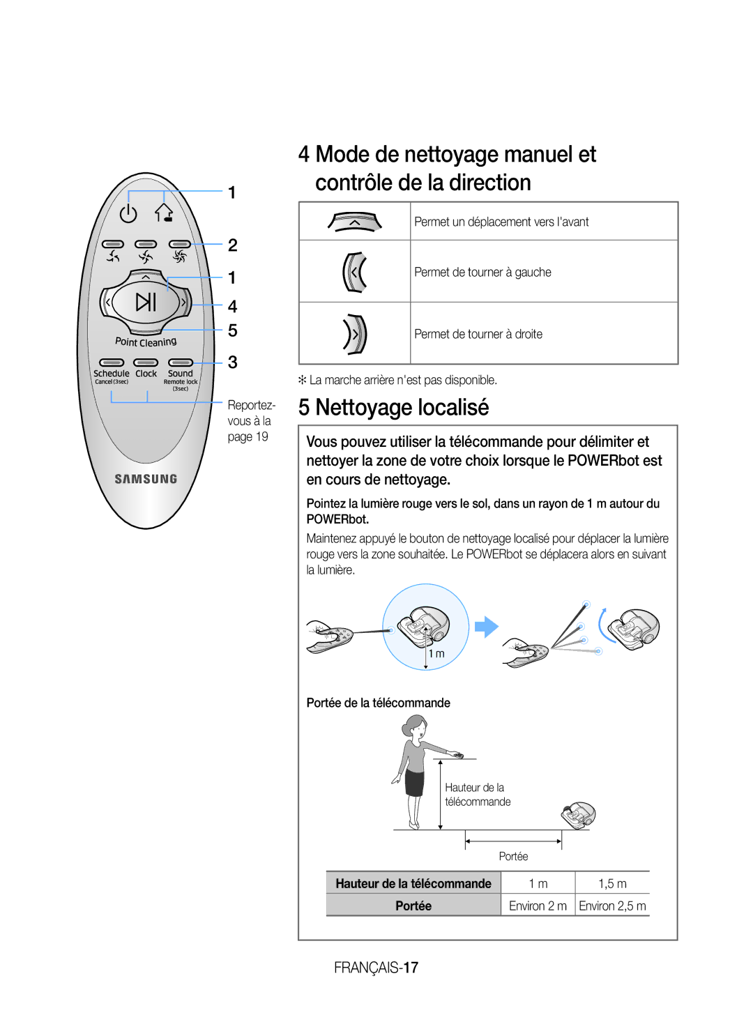 Samsung VR20J9259UC/EG manual Mode de nettoyage manuel et contrôle de la direction, FRANÇAIS-17 