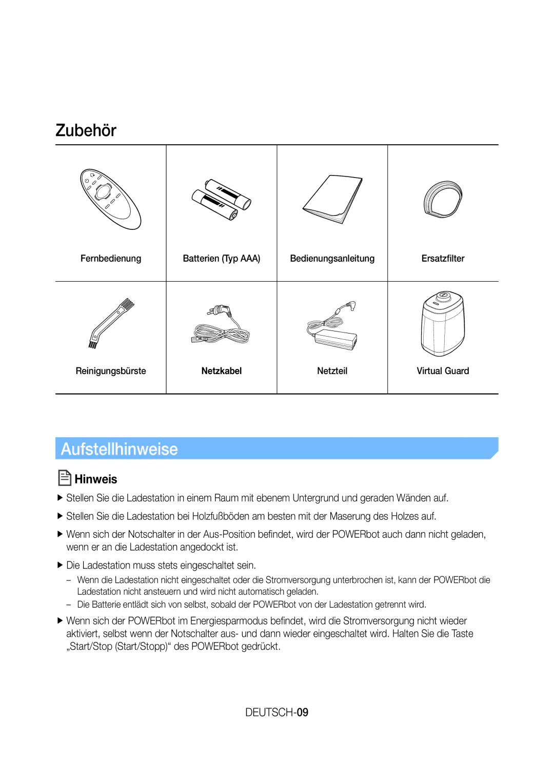 Samsung VR20J9259UC/EG manual Zubehör, Aufstellhinweise, Hinweis, DEUTSCH-09, Netzteil Virtual Guard 