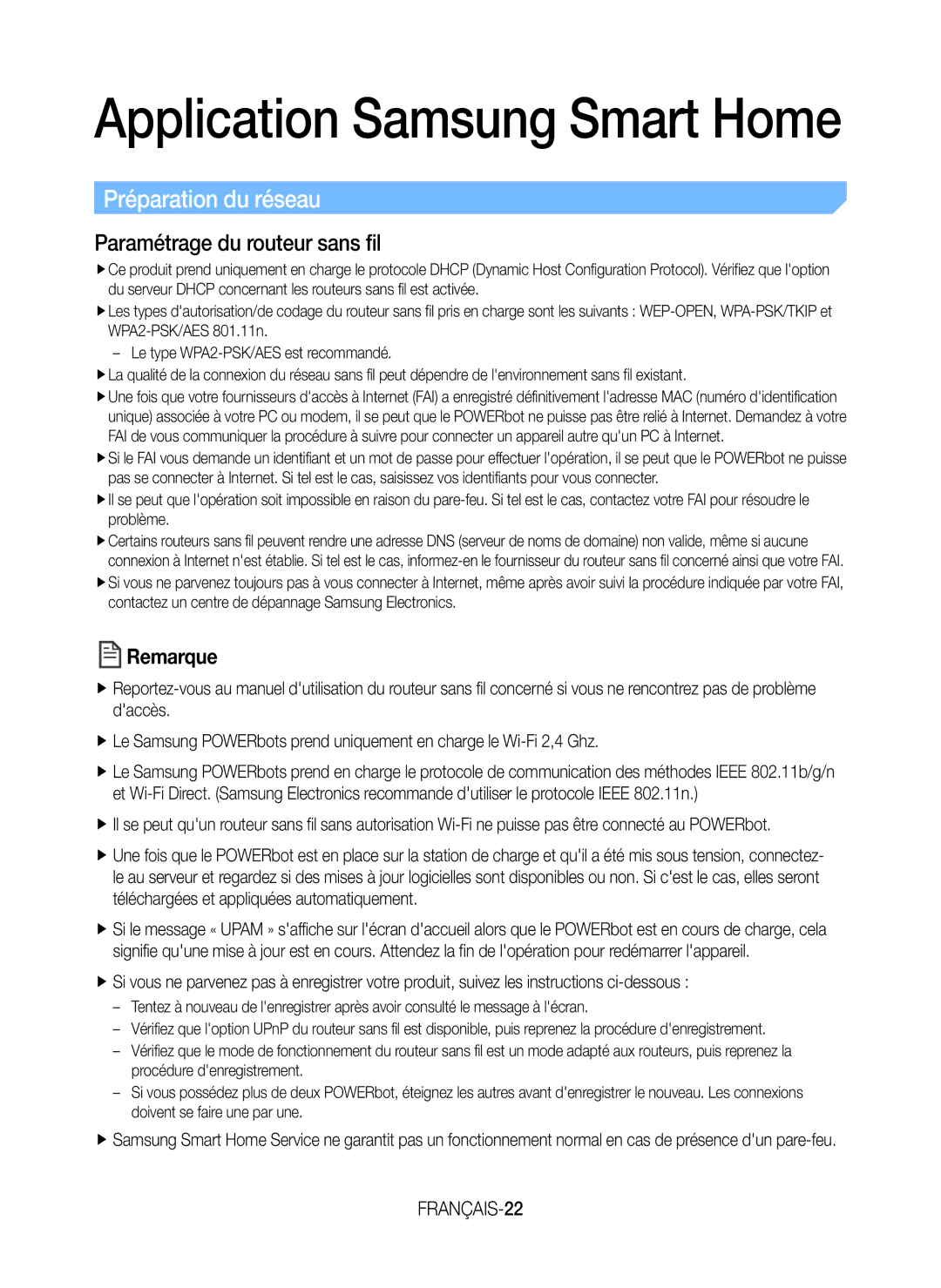 Samsung VR20J9259UC/EG manual Préparation du réseau, Paramétrage du routeur sans fil, FRANÇAIS-22 