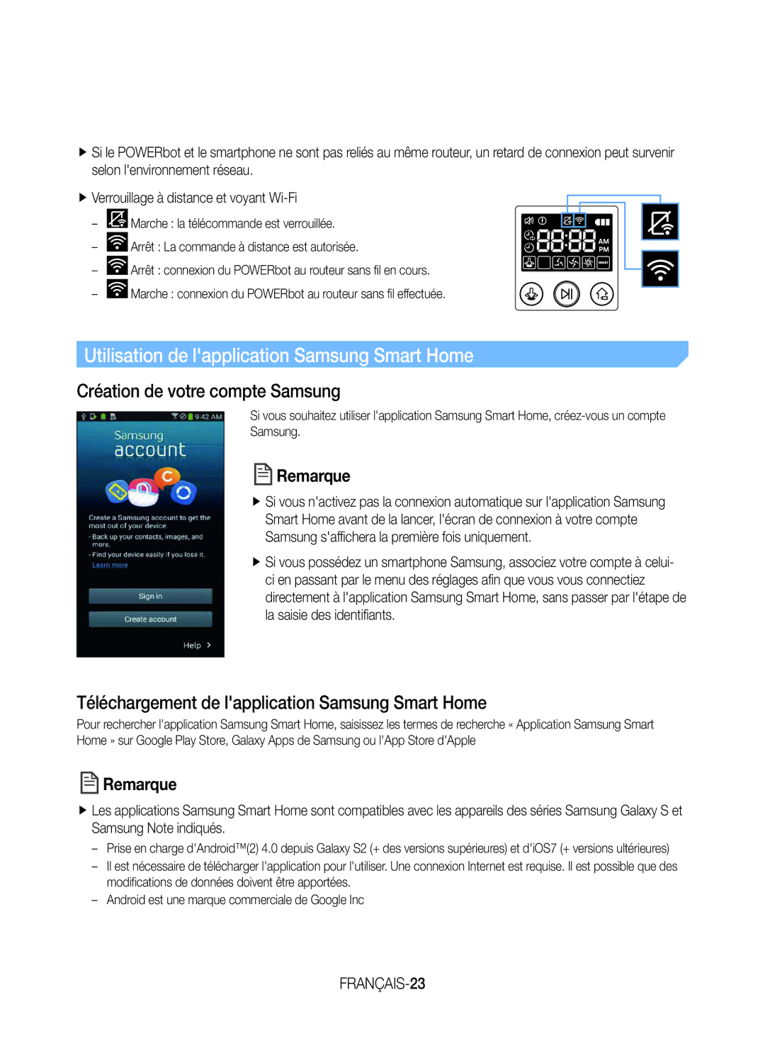 Samsung VR20J9259UC/EG manual Utilisation de lapplication Samsung Smart Home, Création de votre compte Samsung, FRANÇAIS-23 