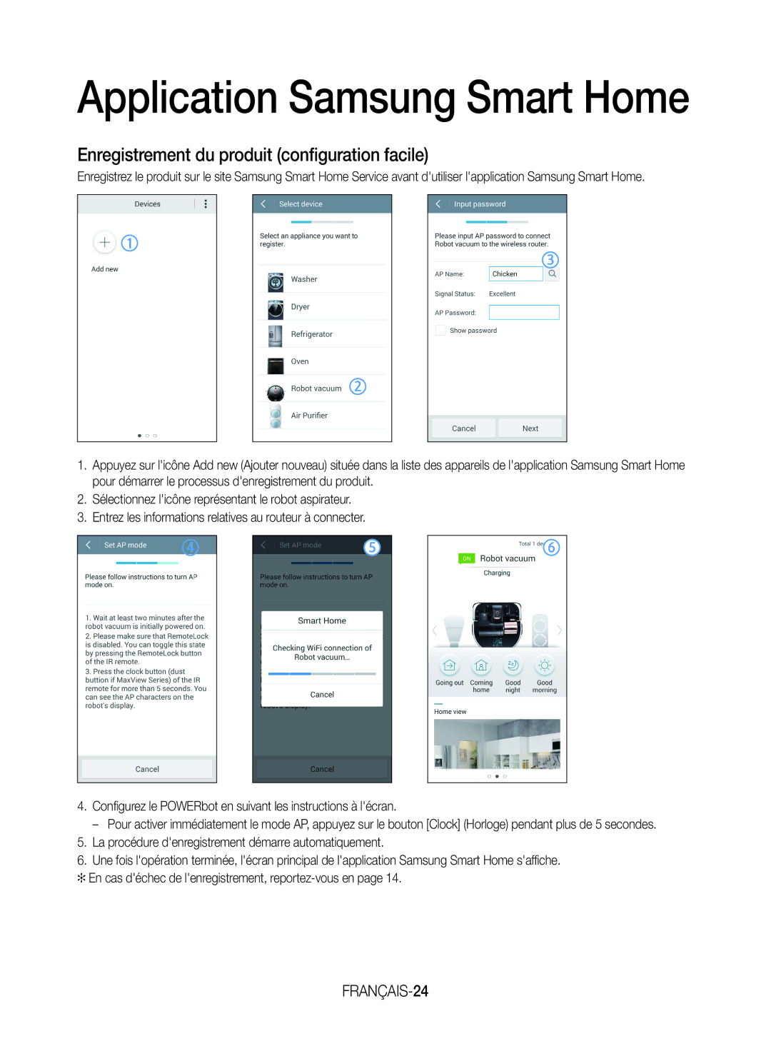 Samsung VR20J9259UC/EG manual Enregistrement du produit configuration facile, FRANÇAIS-24 