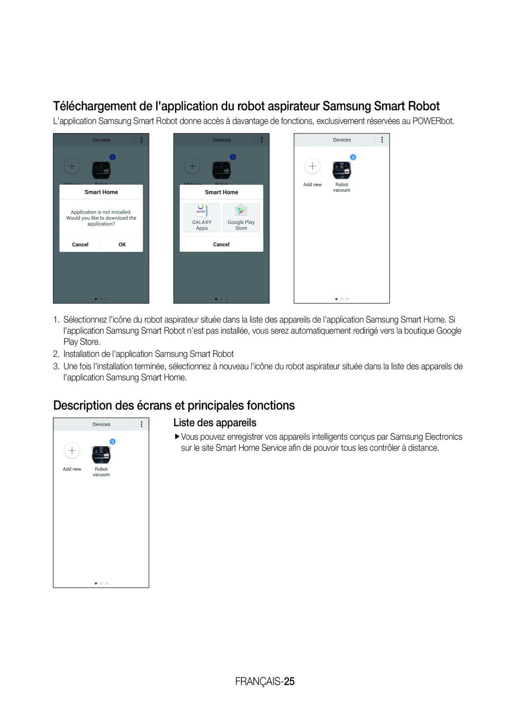 Samsung VR20J9259UC/EG manual Description des écrans et principales fonctions, Liste des appareils, FRANÇAIS-25 