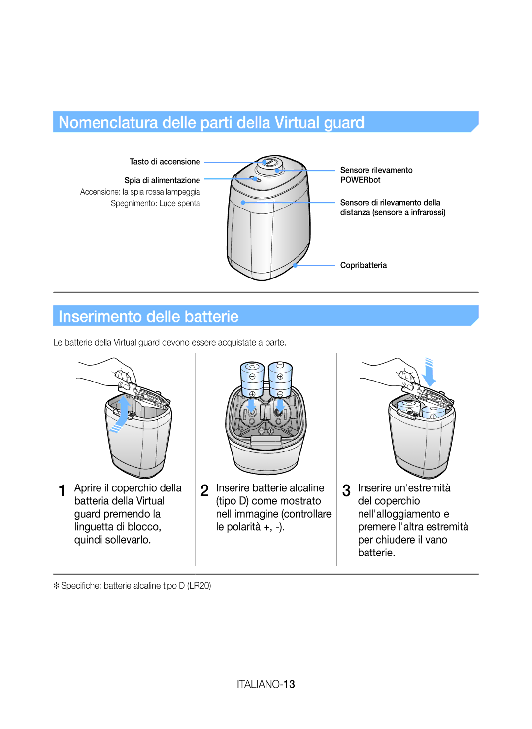 Samsung VR20J9259UC/ET manual Nomenclatura delle parti della Virtual guard, Inserimento delle batterie, ITALIANO-13 