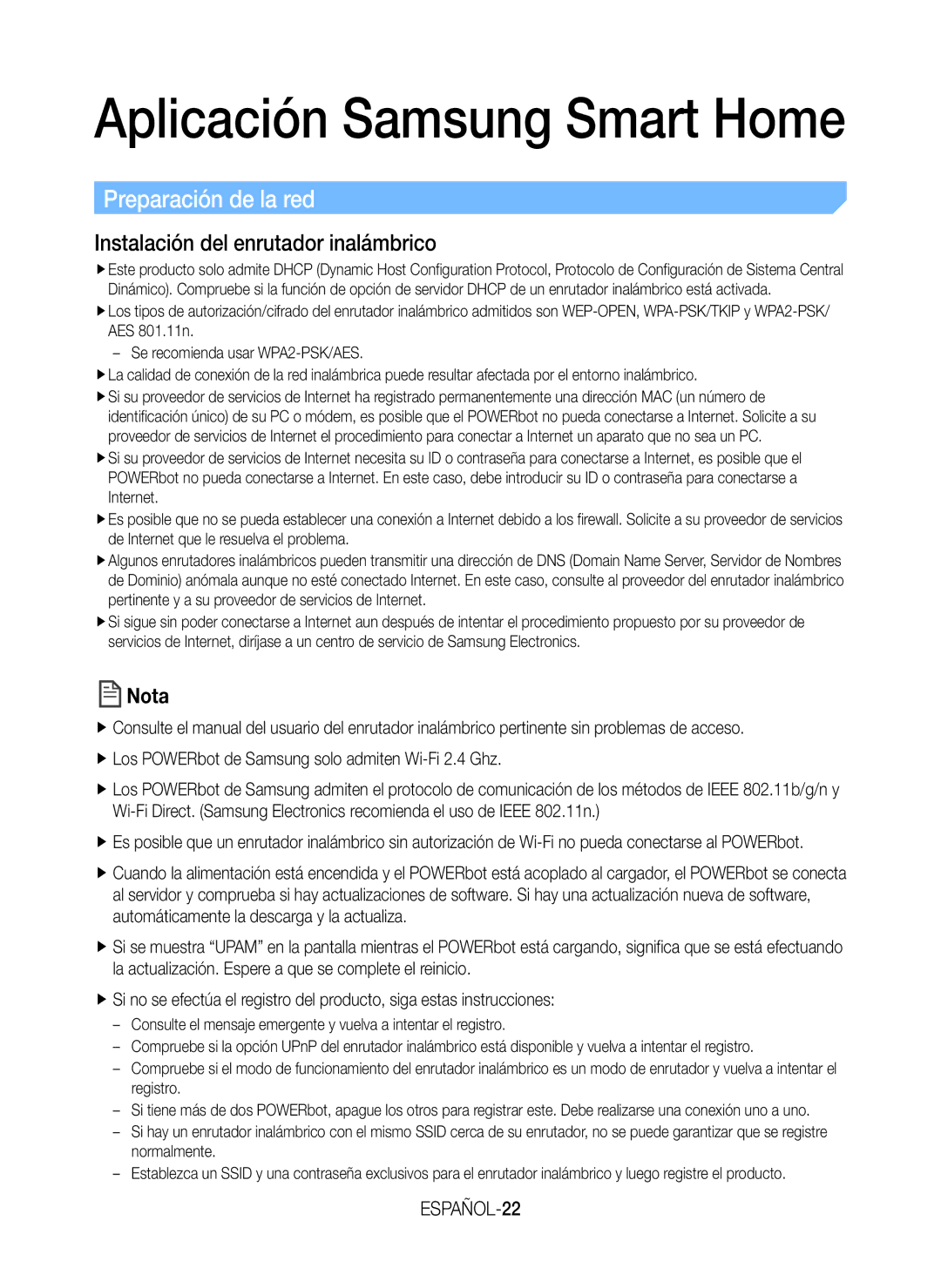 Samsung VR20J9259UC/ET manual Preparación de la red, Instalación del enrutador inalámbrico, ESPAÑOL-22 