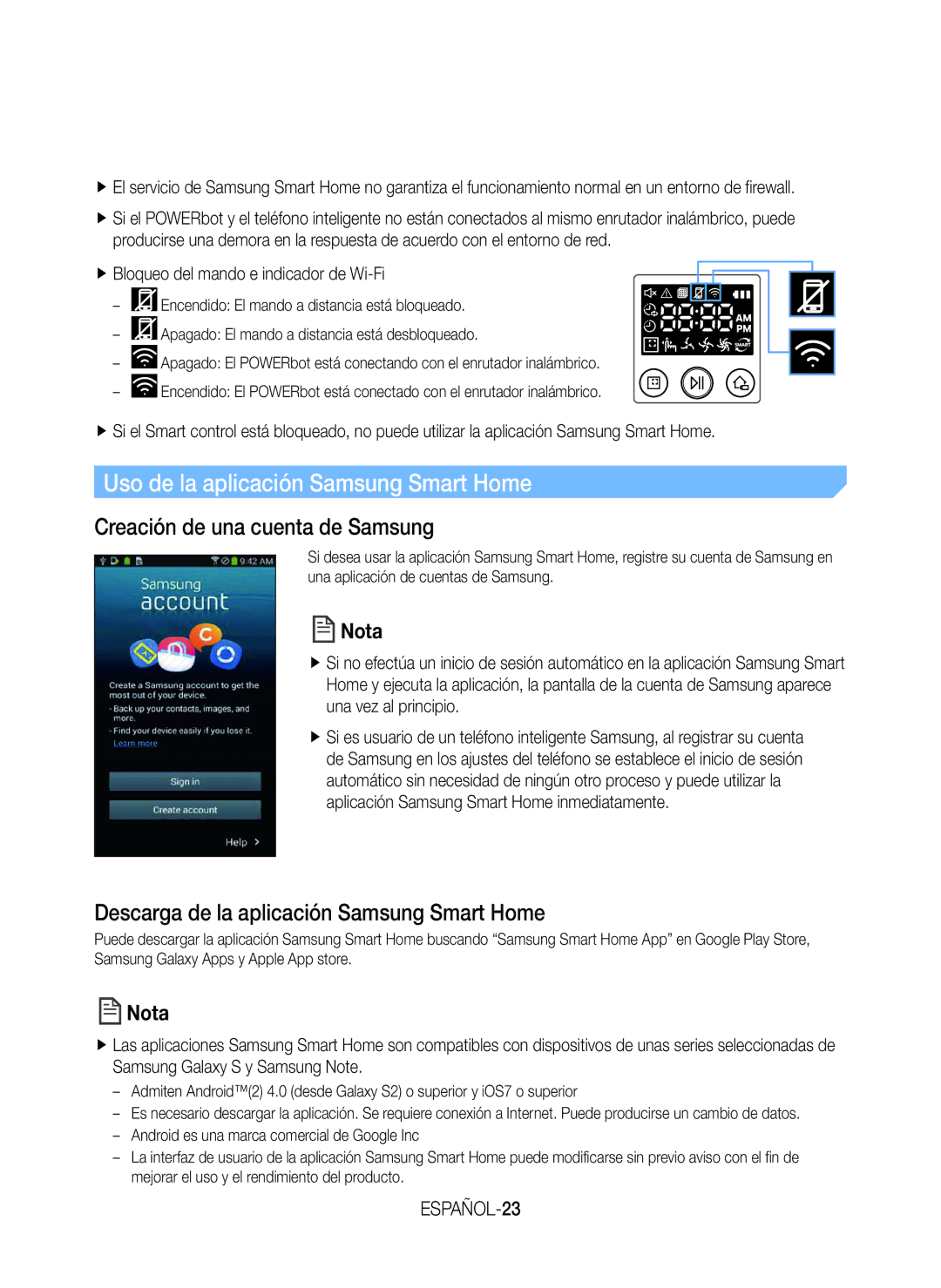 Samsung VR20J9259UC/ET manual Uso de la aplicación Samsung Smart Home, Creación de una cuenta de Samsung, ESPAÑOL-23 