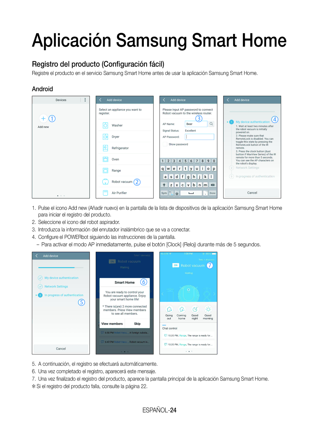 Samsung VR20J9259UC/ET manual Registro del producto Configuración fácil, ESPAÑOL-24 