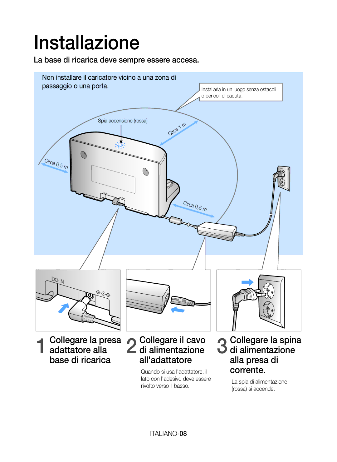 Samsung VR20J9259UC/ET Installazione, La base di ricarica deve sempre essere accesa, ITALIANO-08, Rivolto verso il basso 