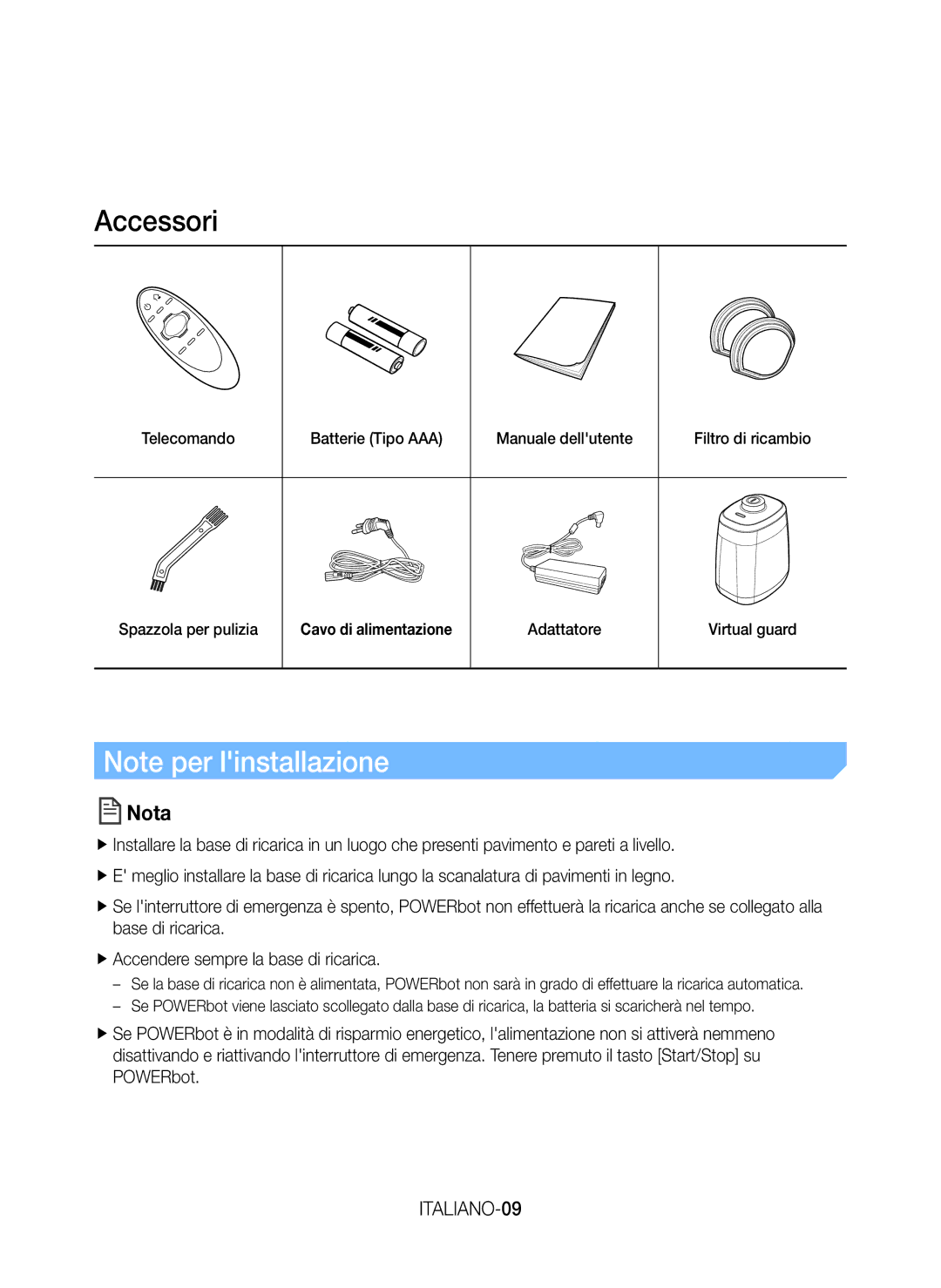 Samsung VR20J9259UC/ET manual Accessori, Nota, ITALIANO-09, Manuale dellutente, Adattatore 