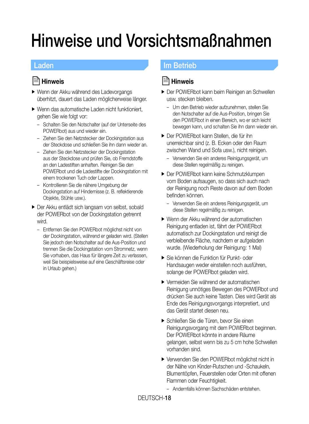 Samsung VR20J9020UR/EG, VR20K9000UB/EG, VR20K9000UB/ET, VR20J9020UG/EG manual Hinweise und Vorsichtsmaßnahmen, DEUTSCH-18 