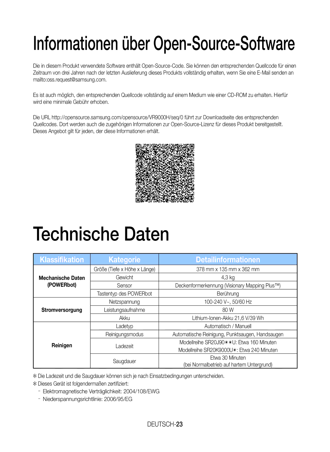 Samsung VR20J9020UR/EG, VR20K9000UB/EG, VR20K9000UB/ET manual Technische Daten, Kategorie Detailinformationen, DEUTSCH-23 