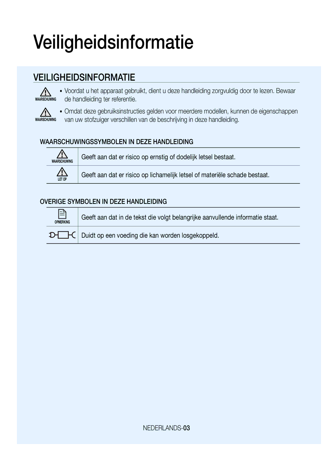 Samsung VR20J9020UG/EG, VR20K9000UB/EG Veiligheidsinformatie, Waarschuwingssymbolen in Deze Handleiding, NEDERLANDS-03 