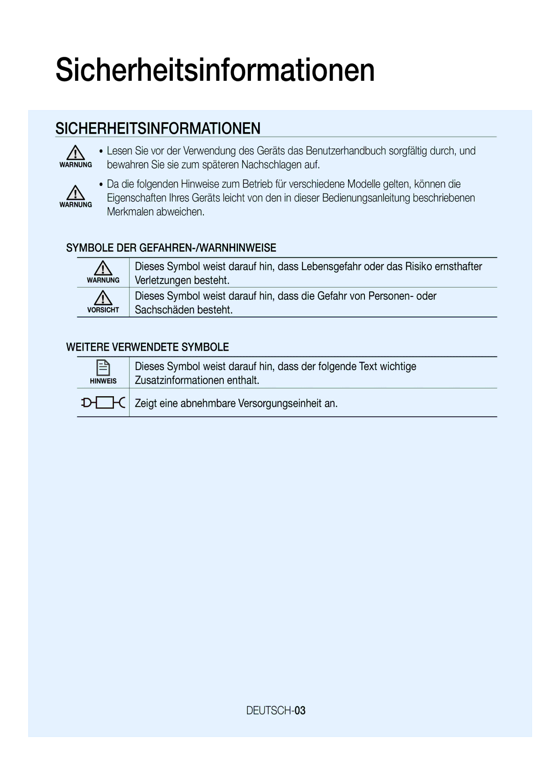 Samsung VR20J9020UR/EG manual Sicherheitsinformationen, Symbole DER GEFAHREN-/WARNHINWEISE, Weitere Verwendete Symbole 