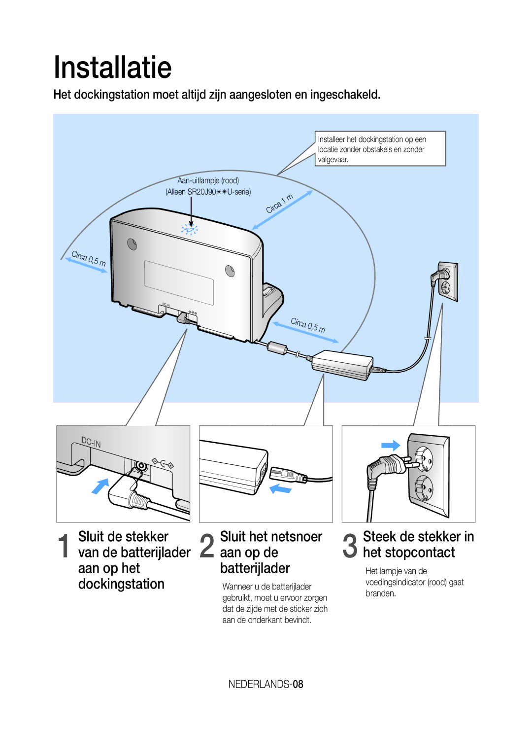 Samsung VR20J9020UG/EG, VR20K9000UB/EG, VR20K9000UB/ET, VR20J9020UR/EG manual Installatie, Van de batterijlader, NEDERLANDS-08 