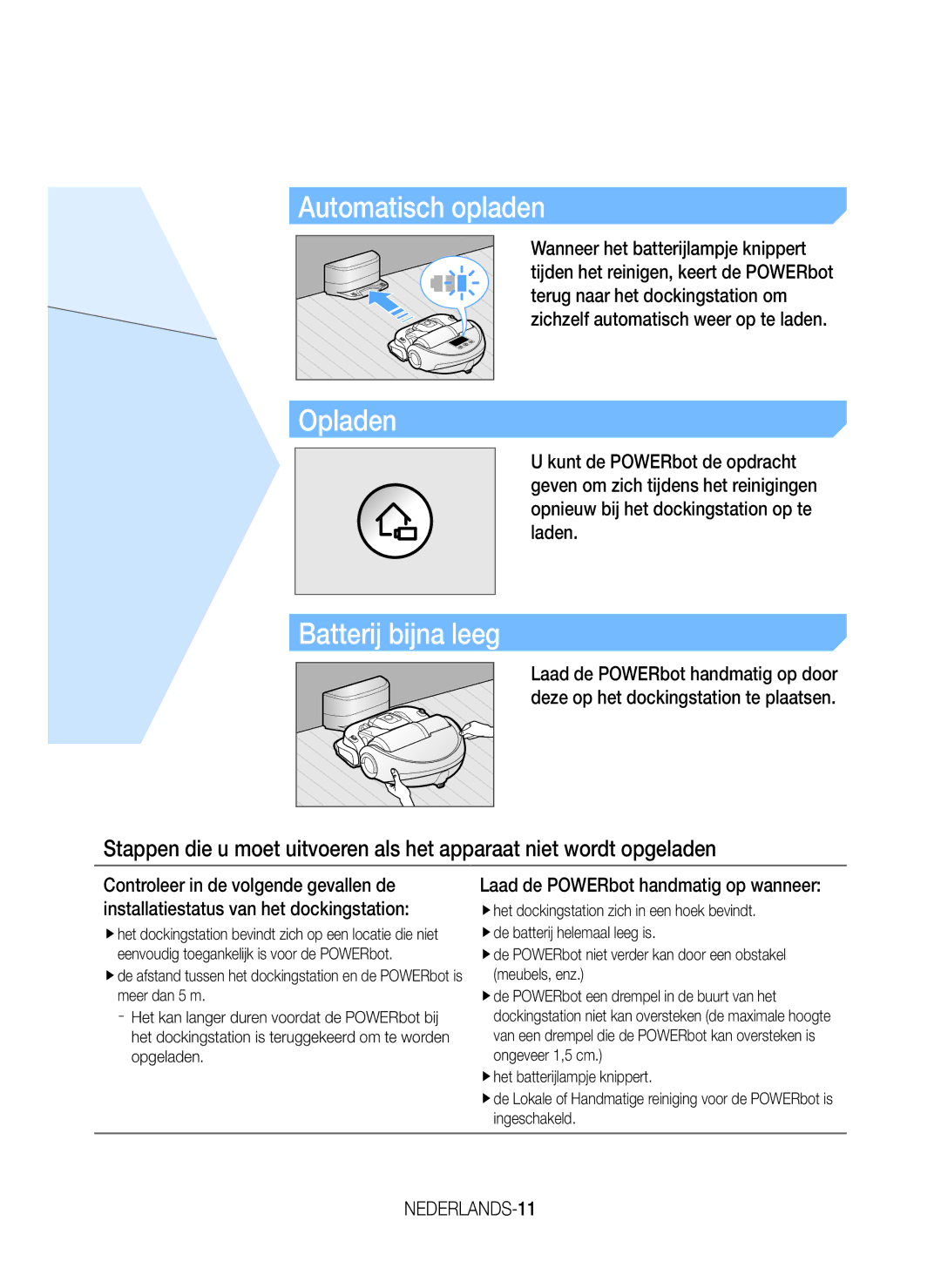 Samsung VR20K9000UB/EG, VR20K9000UB/ET, VR20J9020UG/EG, VR20J9020UR/EG Laad de POWERbot handmatig op wanneer, NEDERLANDS-11 