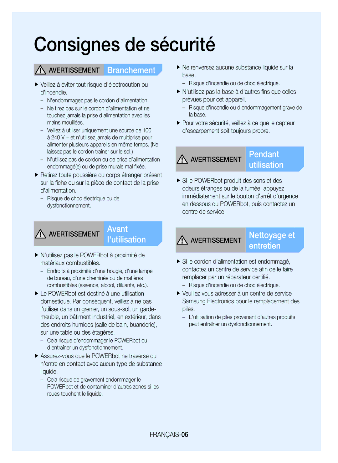 Samsung VR20K9000UB/GE manual Avertissement Branchement, Avertissement Pendantutilisation, Avertissement Avantlutilisation 