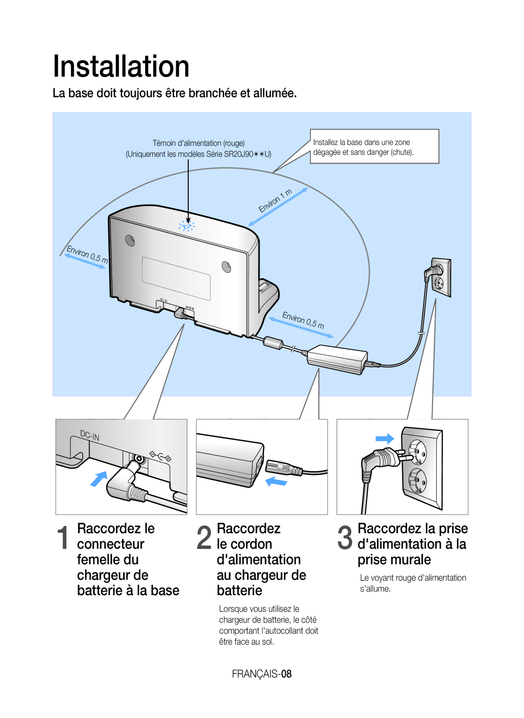 Samsung VR20K9000UB/ET manual Installation, La base doit toujours être branchée et allumée, Au chargeur de, FRANÇAIS-08 