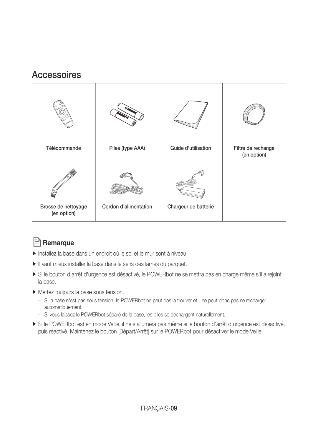 Samsung VR20J9020UG/EG, VR20K9000UB/EG, VR20K9000UB/ET, VR20J9020UR/EG, VR20K9000UB/GE manual Remarque, FRANÇAIS-09 