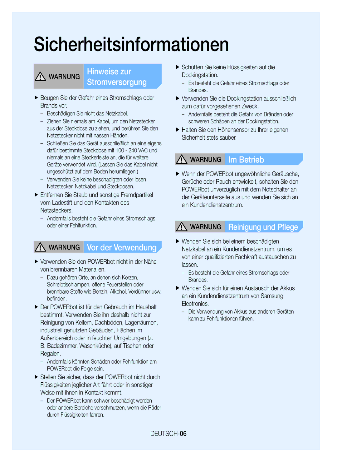 Samsung VR20K9000UB/ET manual Warnung Vor der Verwendung, Warnung Im Betrieb, Warnung Reinigung und Pflege, DEUTSCH-06 