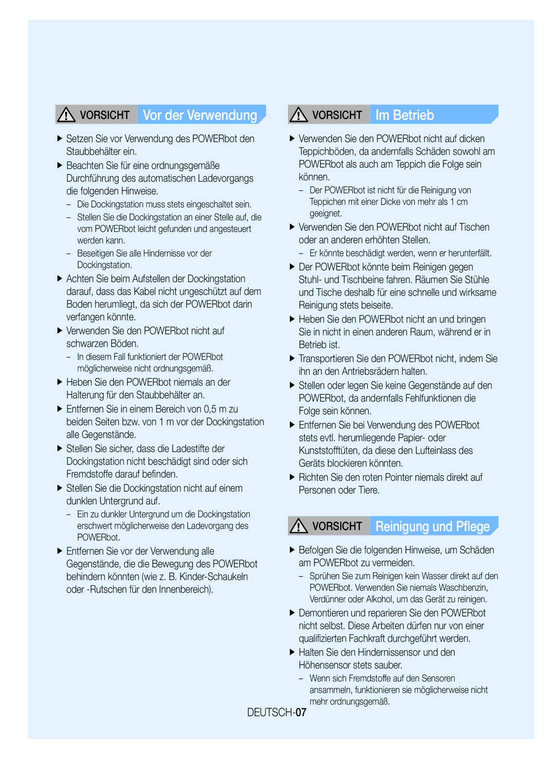 Samsung VR20J9020UG/EG manual Vorsicht Vor der Verwendung, Vorsicht Reinigung und Pflege, Vorsicht Im Betrieb, DEUTSCH-07 