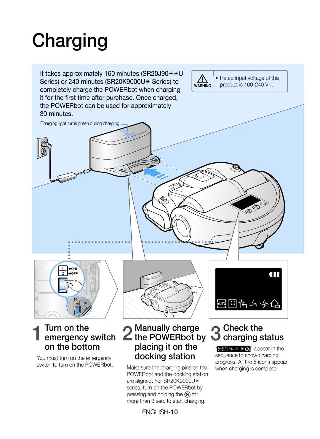 Samsung VR20J9020UG/EG, VR20K9000UB/EG, VR20K9000UB/ET, VR20J9020UR/EG, VR20K9000UB/GE manual Charging, ENGLISH-10 