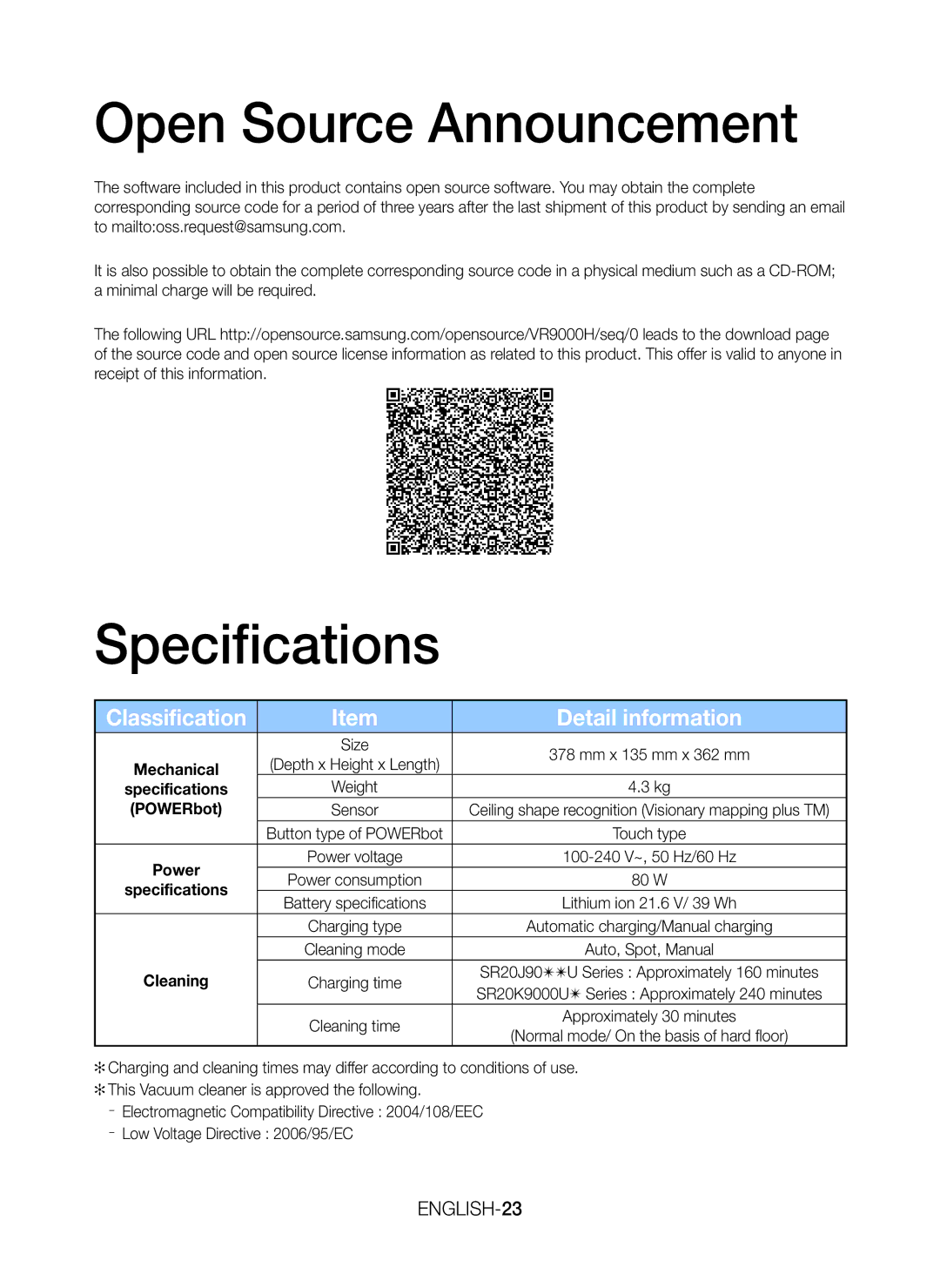 Samsung VR20K9000UB/EG, VR20K9000UB/ET manual Open Source Announcement, Specifications, Detail information, ENGLISH-23 