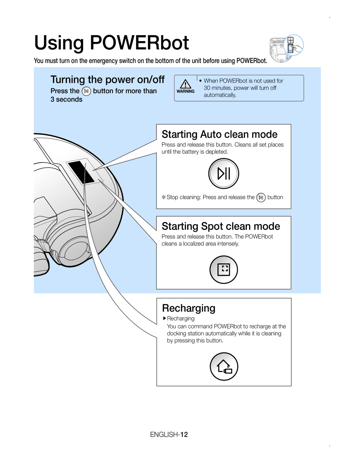 Samsung VR20K9000UB/EG, VR20K9000UB/ET, VR20K9000UB/GE manual Using POWERbot, Turning the power on/off 