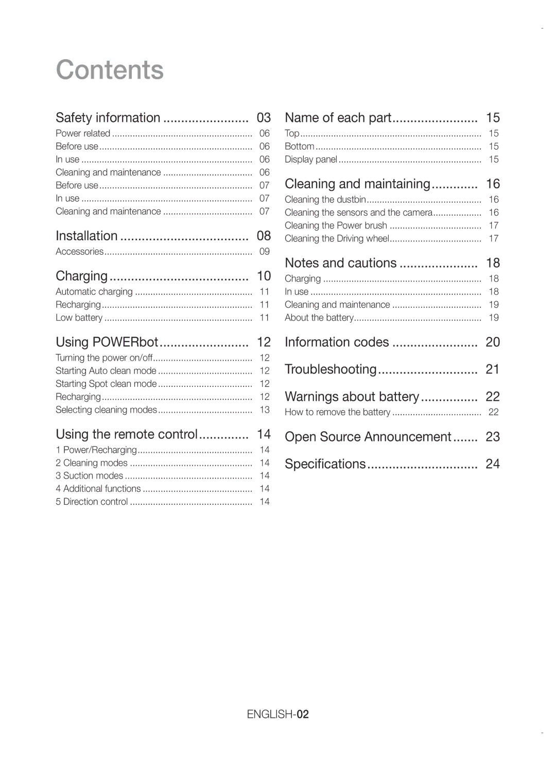 Samsung VR20K9000UB/GE, VR20K9000UB/EG, VR20K9000UB/ET manual Contents 