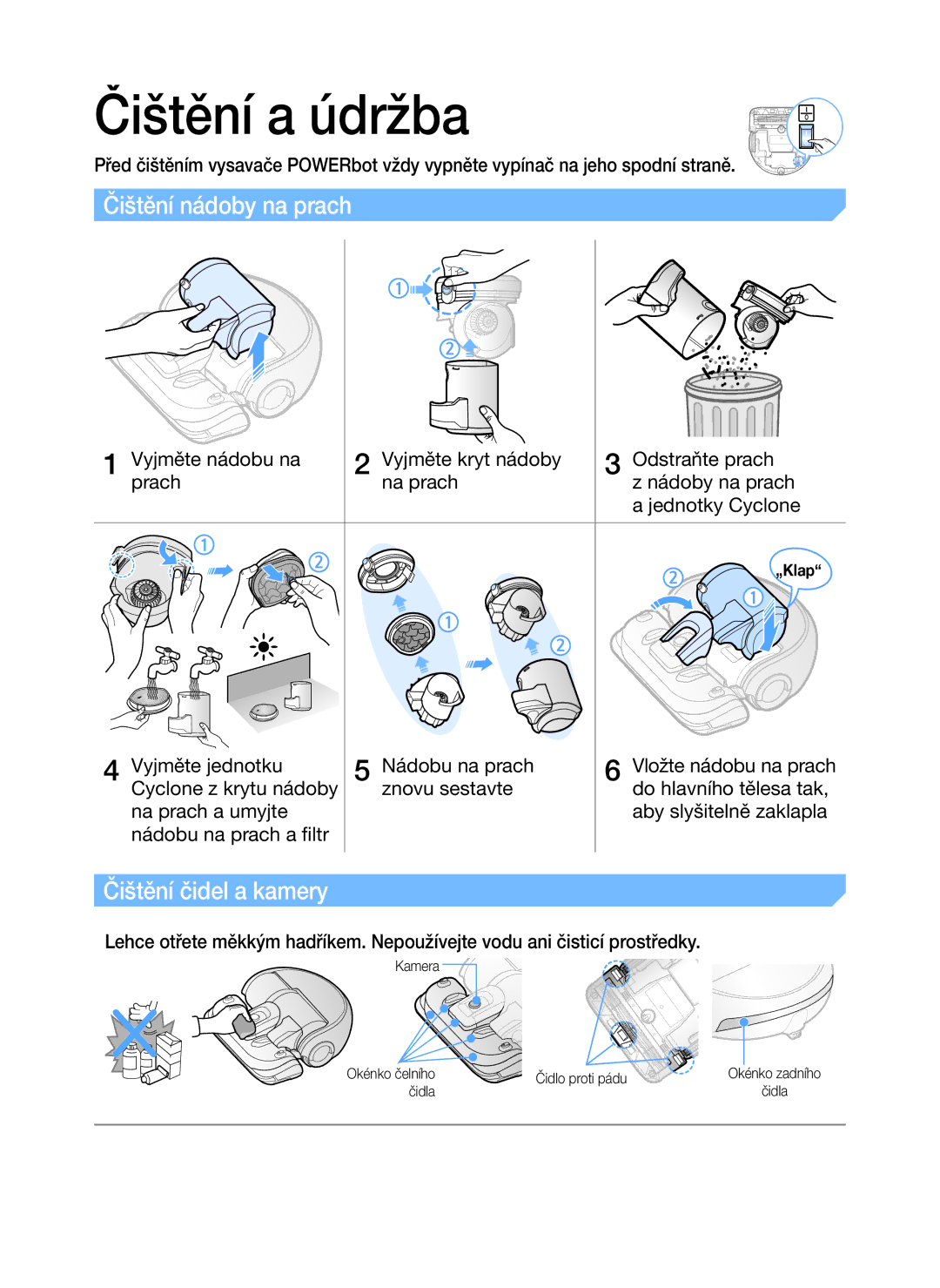 Samsung VR20K9000UB/EG, VR20K9000UB/GE manual Čištění a údržba, Čištění nádoby na prach, Čištění čidel a kamery 