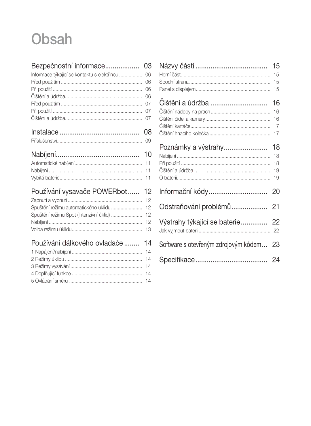 Samsung VR20K9000UB/EG, VR20K9000UB/GE manual Obsah 