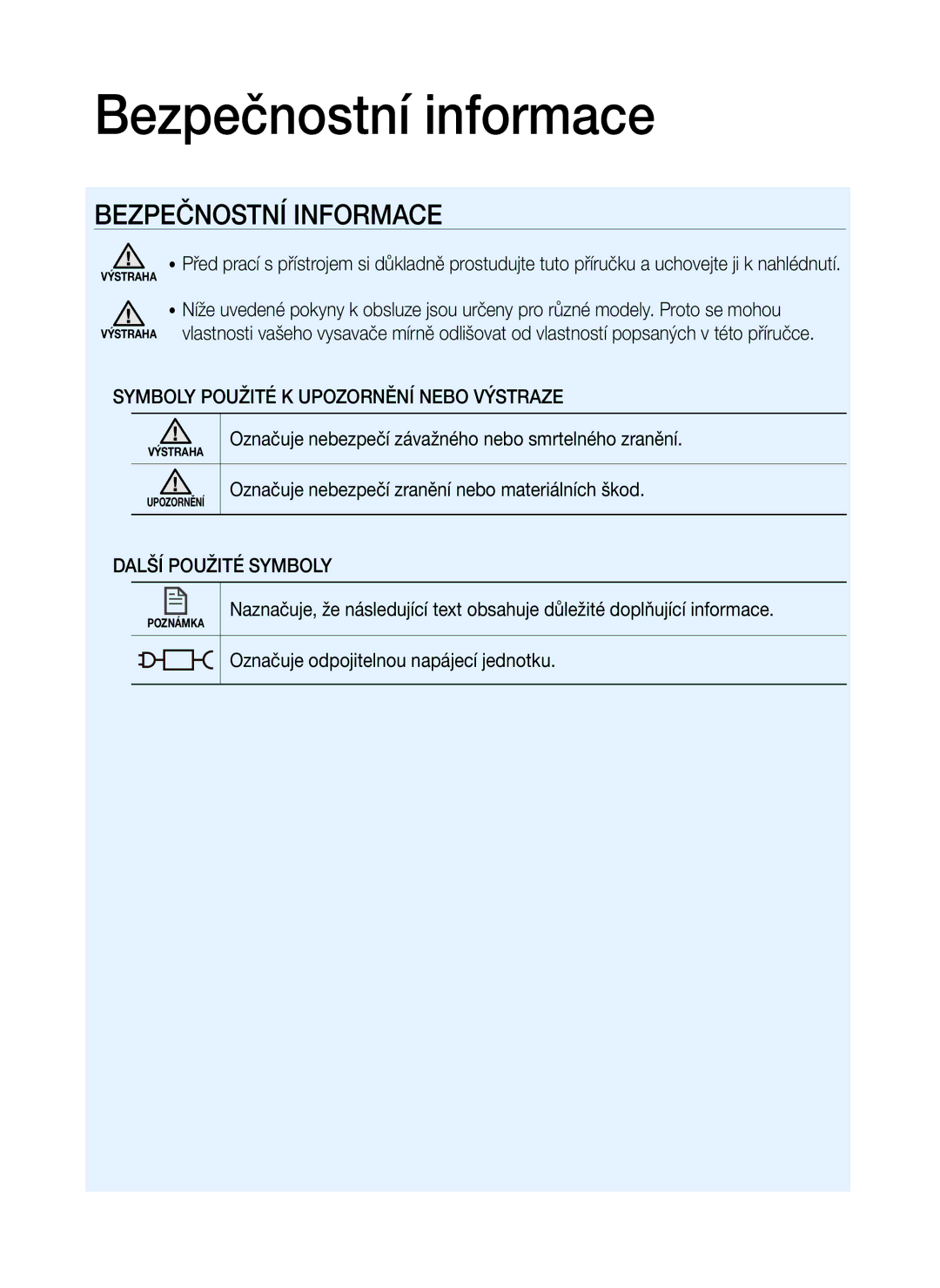 Samsung VR20K9000UB/GE, VR20K9000UB/EG manual Bezpečnostní informace 