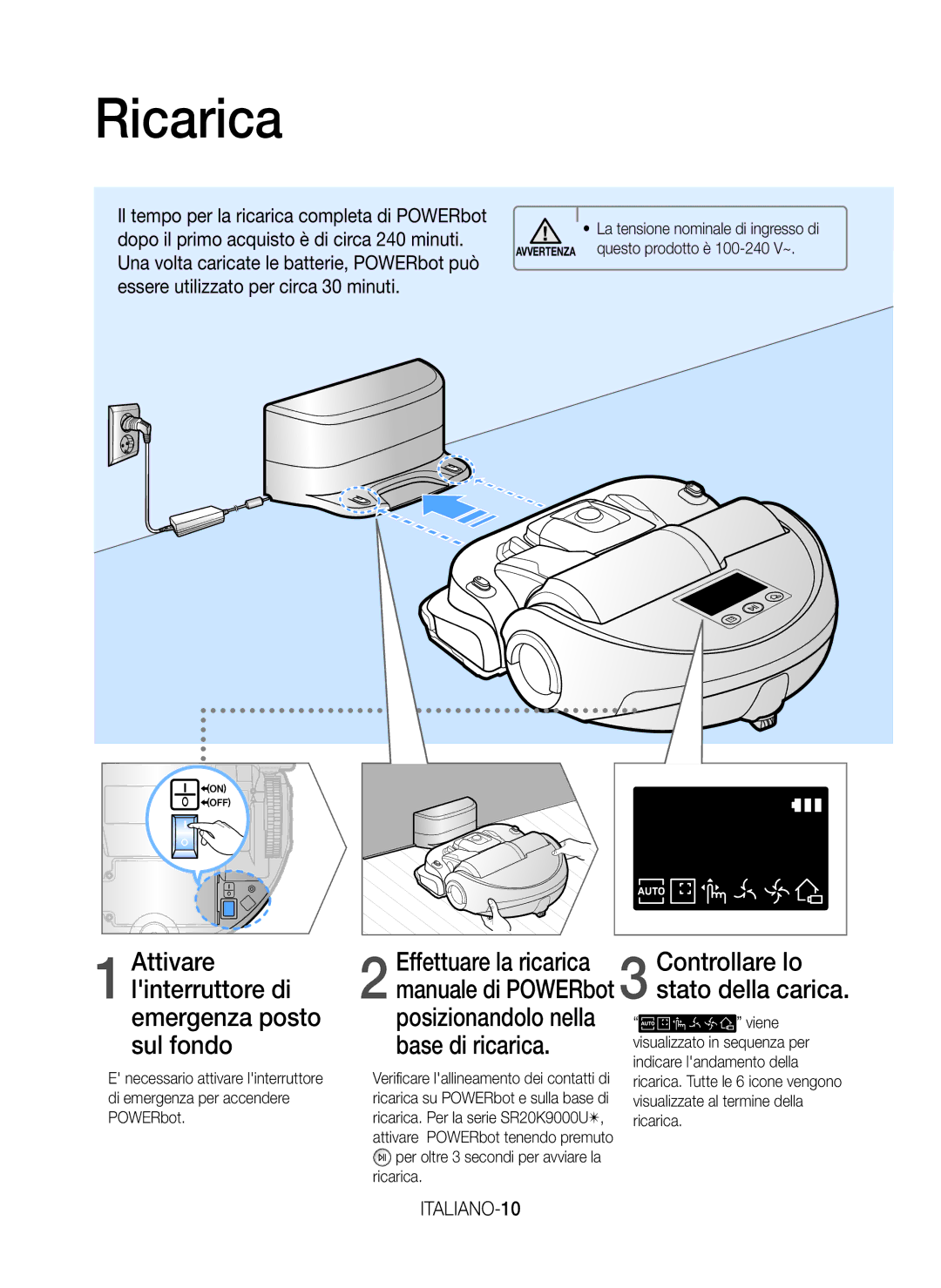 Samsung VR20K9000UB/ET manual Ricarica, ITALIANO-10 