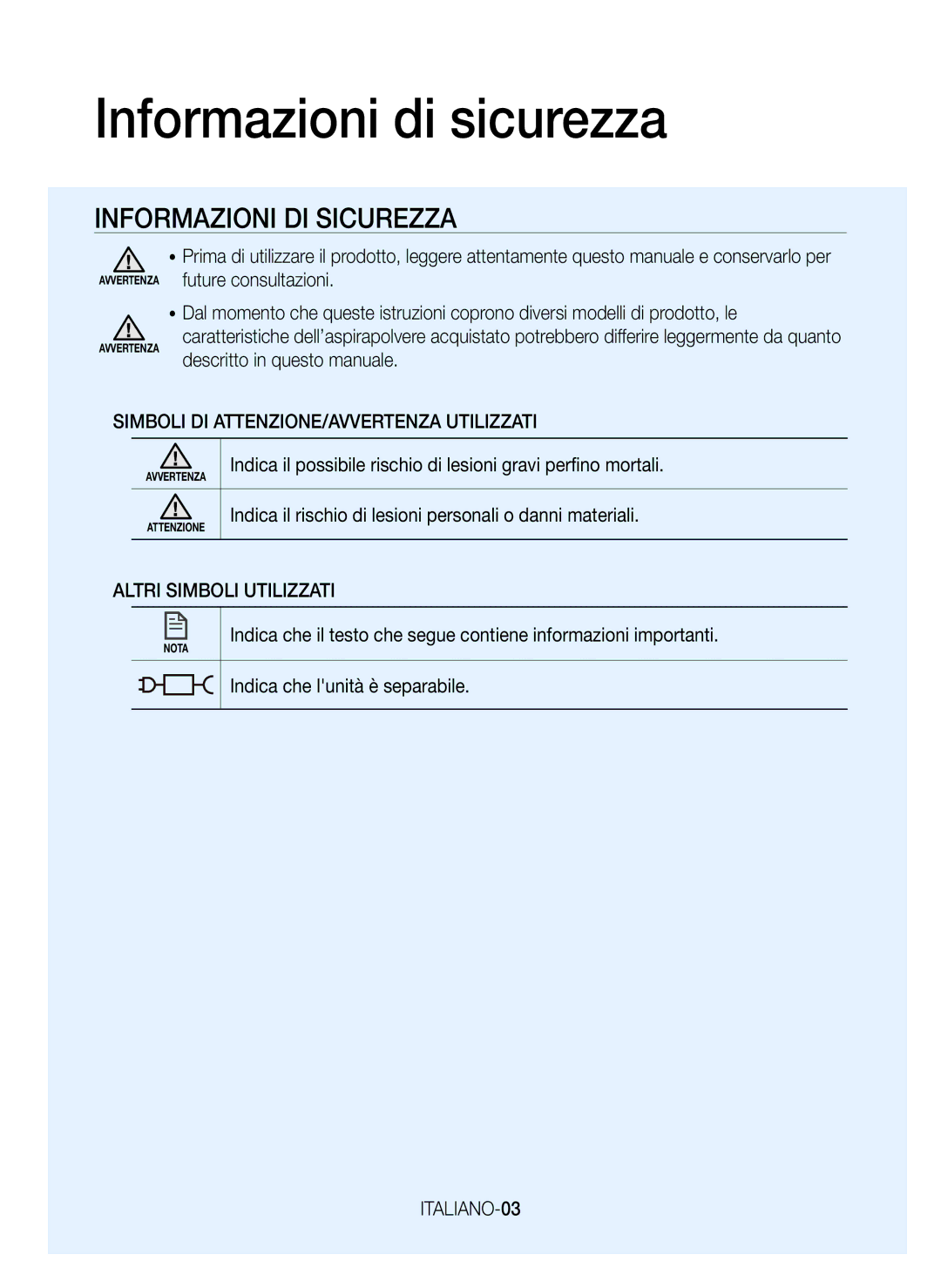 Samsung VR20K9000UB/ET Informazioni di sicurezza, Simboli DI ATTENZIONE/AVVERTENZA Utilizzati, Altri Simboli Utilizzati 