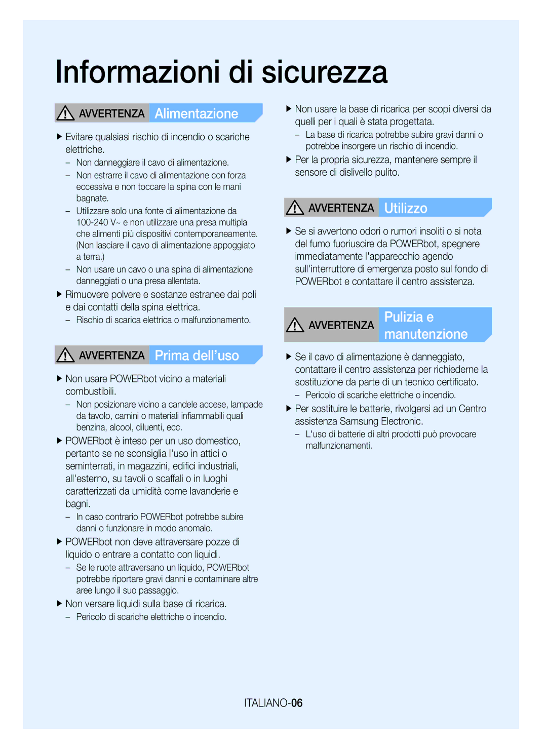 Samsung VR20K9000UB/ET manual Avvertenza Alimentazione, Avvertenza Prima dell’uso, Manutenzione, ITALIANO-06 